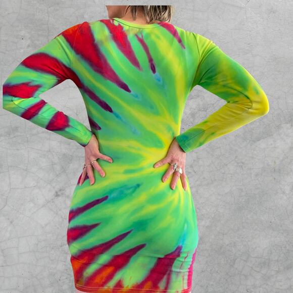 Ice Dyed Long-sleeve Dress - Tie Dye Hippie Boho Drippy Rainbow (Women's Medium) - Picture 4 of 10